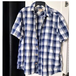 Duluth Trading Co Mens Large Blue White Plaid Short Sleeve Relaxed Button Shirt